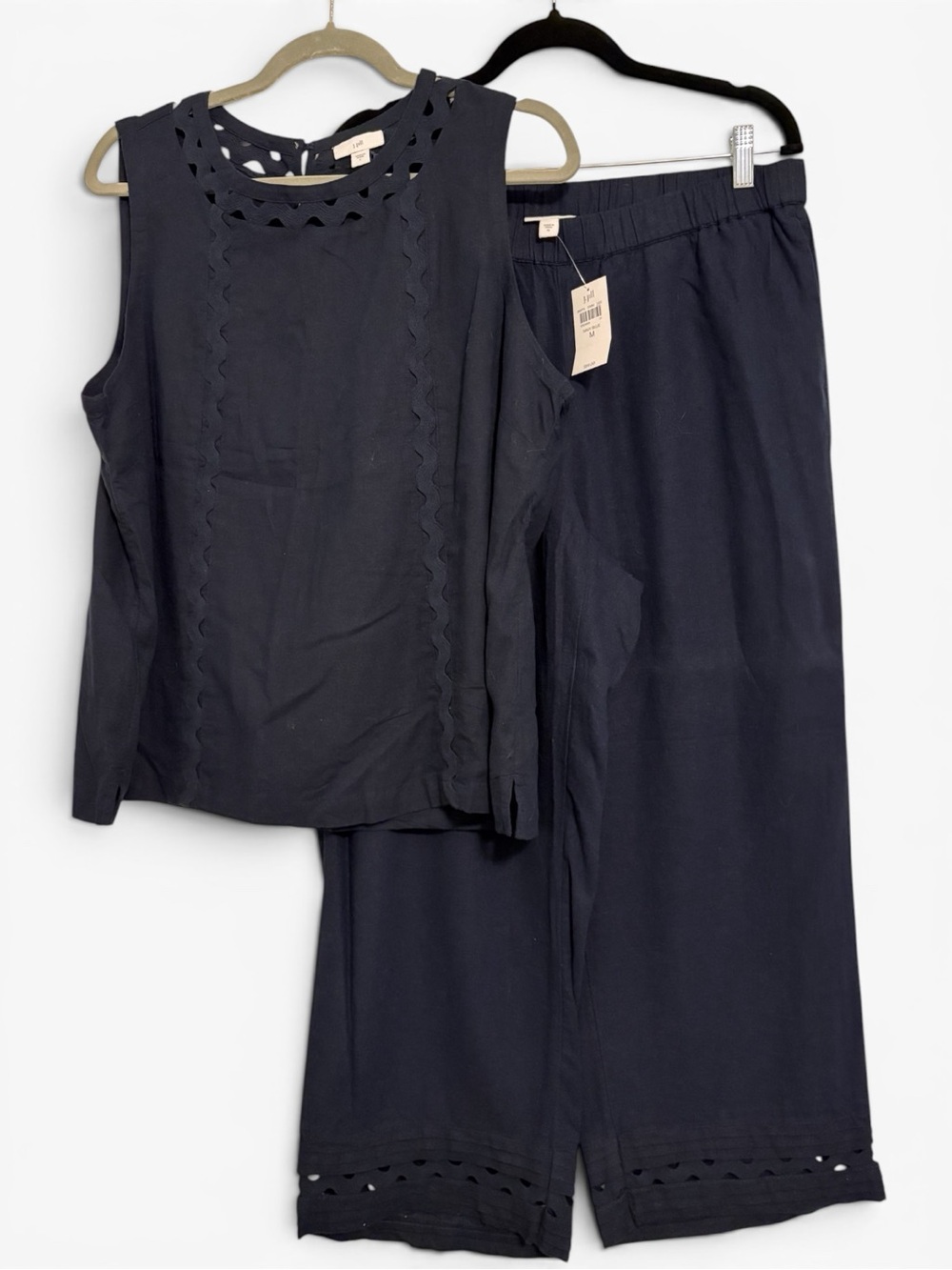 NWT J. Jill Navy Linen Blend Laser-Cut Top & Crop Wide Leg Pants Top L Pants M
